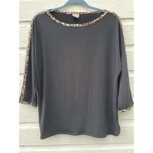 Chicos Size 1 Blouse Shirt Black Jersey Animal Print Trim 3/4 Sleeve Boat Neck
